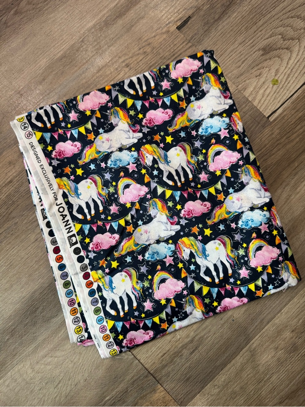 Unicorns on black background cotton fabric rainbow stars cute 45” x 74” over 2yd
